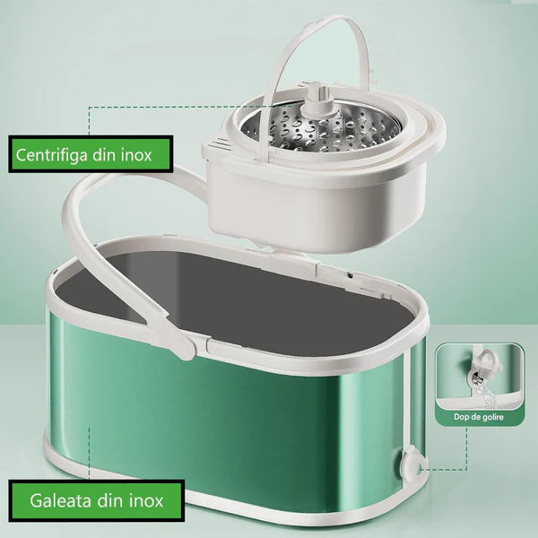 Mop rotativ cu găleată pe roți DreamRamp® din inox antibacterian