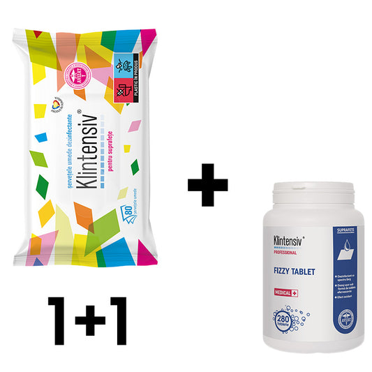 Pachet Șervetele dezinfectante suprafețe 80 buc. + Fizzy Tablet 280 buc.